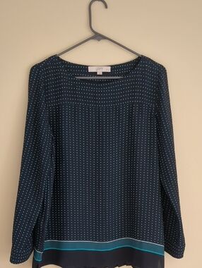 MP Medium Petite Ann Taylor Loft Polka Dot Pleated Roll Tab Sleeves Shirt Top